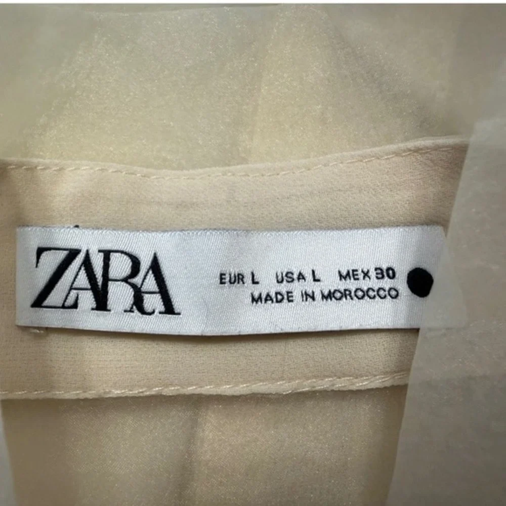 Zara Organza Bow Blouse Cream Sheer Button Front Top L Soft Femininity 102-08